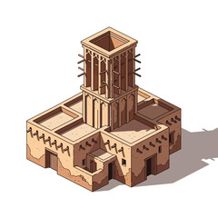 Isometric Windcatcher Illustration: A Traditional Middle Eastern Architecture