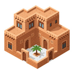 Isometric Arabian House with Palm Tree Courtyard, a Desert Architectural Gem