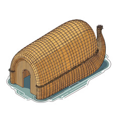 Illustration of a traditional Mesopotamian reed boat floating on the water