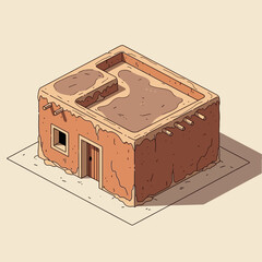 Isometric cartoon adobe house architecture design illustration asset