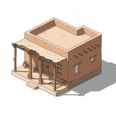 Isometric cartoon adobe house design, traditional architecture illustration
