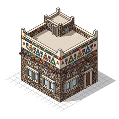 Isometric desert dwelling with geometric accents and stone facade architecture