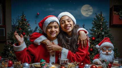 A couple of kids in santa claus outfits sitting at a table with a christmas tree