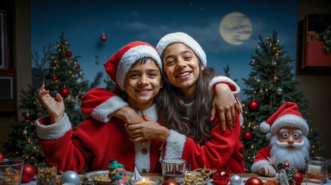 A couple of kids in santa claus outfits sitting at a table with a christmas tree