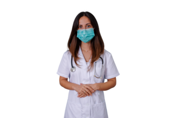 Young woman doctor or nurse wearing medical uniform and protective mask, standing with hands clasped, transparent background