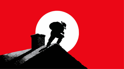 A black Santa silhouette on snowy rooftop against large white moon and red background for modern Christmas branding and festive packaging.