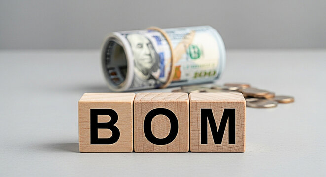 Wooden blocks spelling "BOM" with rolled money and coins represent business finance and economic concepts for financial planning