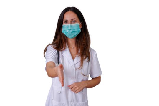 Doctor in white coat and mask extending hand, symbolizing greeting, partnership, and healthcare support. Transparent background - Powered by Adobe