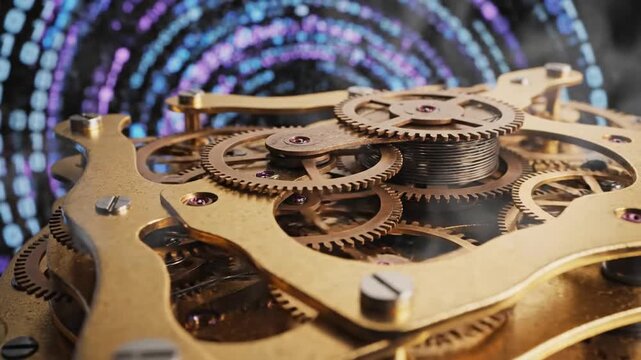 Intricate clockwork mechanism amidst digital streams