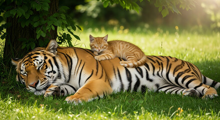 Fototapeta premium Relaxing Tiger With Sleeping Cub Outdoors Under Shade