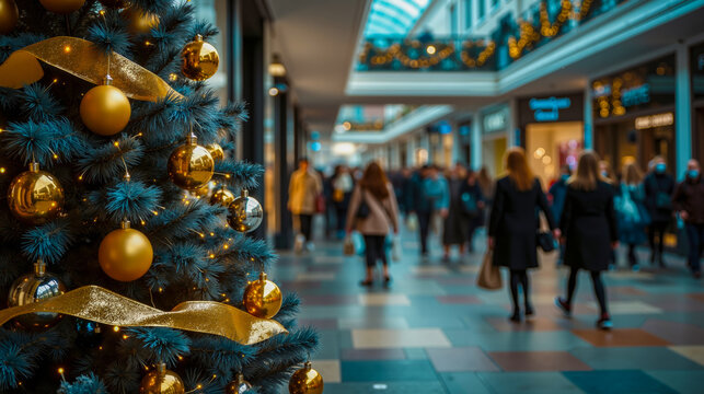 A Christmas tree decorated with gold and silver ornaments in a shopping mall