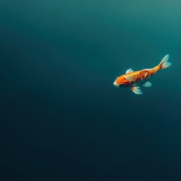 Solitary Orange and White Koi Fish Swimming in Deep Dark Water