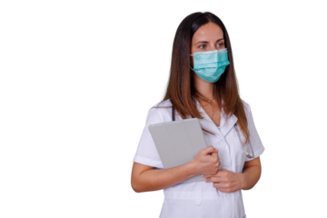 Female doctor wearing surgical mask and holding digital tablet while working in hospital, on transparent background