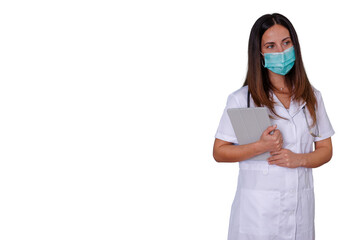Female doctor wearing face mask holding a digital tablet with a confident expression, healthcare professional