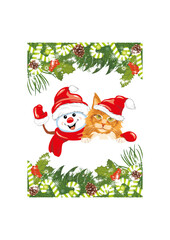 Waving happy snowman and cute ginger cat. Festive design for a Christmas card