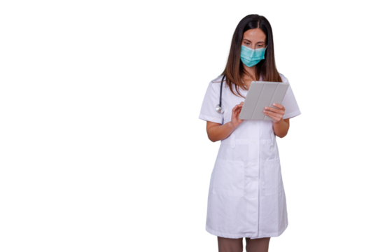 Healthcare professional wearing medical mask using digital tablet with stethoscope, working in clinic, transparent background