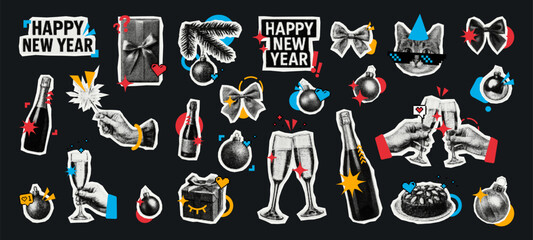 Happy New Year collage with various halftone elements like hands, champagne, gifts, and ornaments for holiday celebration event.