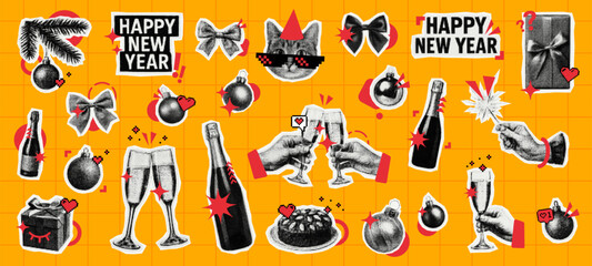 Fototapeta premium Happy New Year collage with holiday elements like champagne, gift and sparkling cat. Festive celebration concept for greeting card.