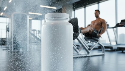 White supplement jar in a mist of powder, male athlete on gym equipment in background. Suitable for fitness, wellness, protein, sports nutrition, health, hydration, energy.