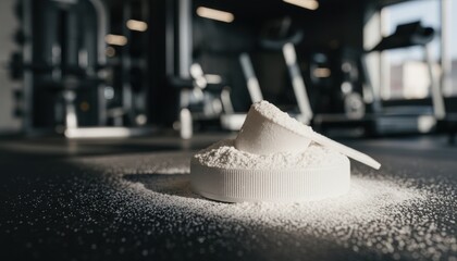 Scoop with protein powder on gym floor, monochrome contrast, blurred equipment. Great for protein, supplement, fitness, sports nutrition, gym, workout, muscle, nutrition.