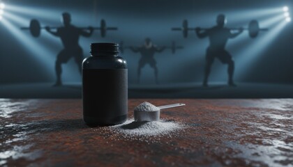 Black supplement jar and scoop amid gym floor, athlete silhouettes with barbells in dramatic lighting. Best for power, strength, crossfit, protein, team, fitness, supplement