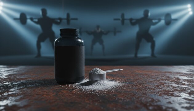 Black supplement jar and scoop amid gym floor, athlete silhouettes with barbells in dramatic lighting. Best for power, strength, crossfit, protein, team, fitness, supplement