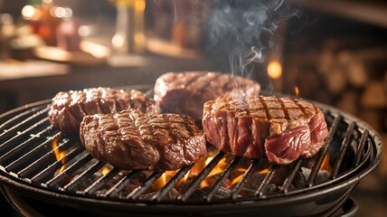 Grilled meat sizzling on an outdoor barbecue grill