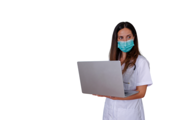 Healthcare professional woman wearing face mask and stethoscope holding a laptop, standing with transparent background