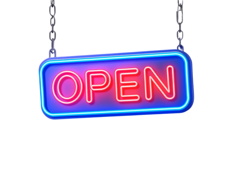 Neon Blue and Red Open Sign with Hanging Chain PNG