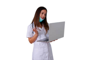 Doctor woman doing online consultation using laptop for telemedicine video call, talking to patient