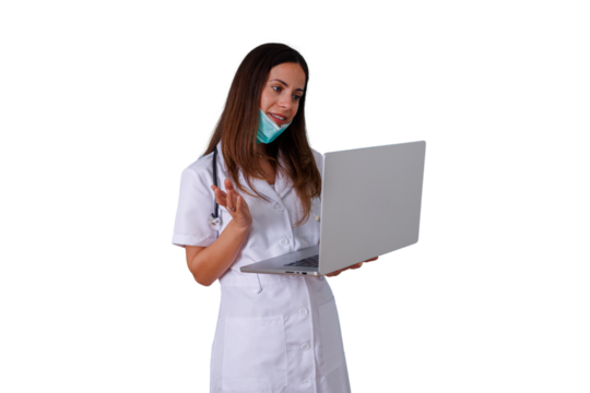 Doctor woman doing online consultation using laptop for telemedicine video call, talking to patient