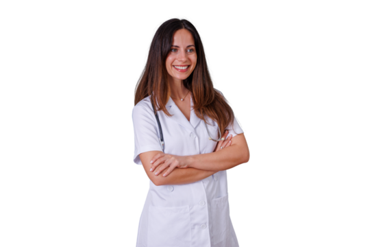Woman doctor professional smiling with arms crossed, providing healthcare and medical assistance, transparent background - Powered by Adobe