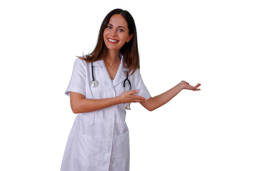 Happy woman doctor smiling and presenting medical information, health services or diagnostic results