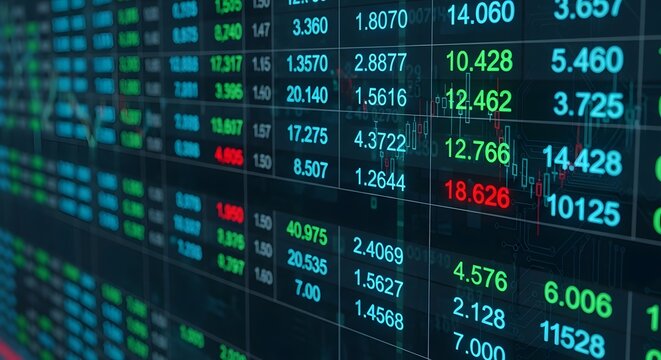 Financial stock market data with prices and percentages displayed on a digital screen, representing investment and trading opportunities - Powered by Adobe