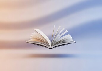 Fototapeta premium An open book suspended in a dreamlike space with soft, diffused light and ethereal backdrop representing the world of