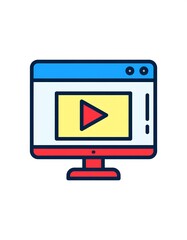 Computer monitor displays a video player with a play button.