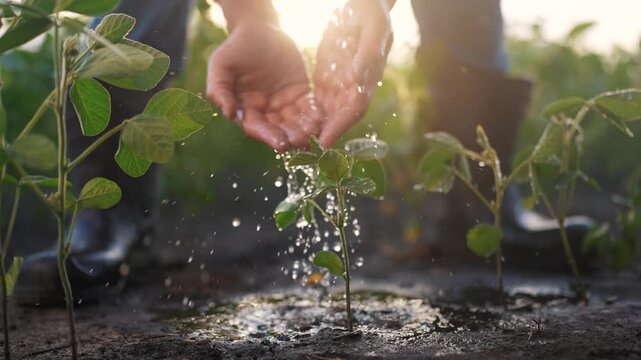 Farmer watering soybeans with his hands. Agriculture field farming concept. Farmer with hands lifestyle irrigating soybeans in the. field. Farmer watering soybeans with his hands. - Powered by Adobe