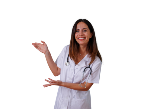 Female doctor smiling and presenting, showing area for information, healthcare professional on transparent background