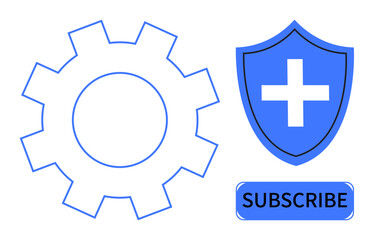 Gear icon symbolizes settings or tools, shield with a plus sign conveys protection or security, and subscribe button implies membership or updates. Ideal for technology, security, service