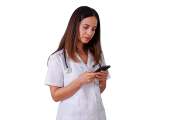 Female doctor using smartphone for telemedicine, connecting with patients and accessing digital health records, transparent background