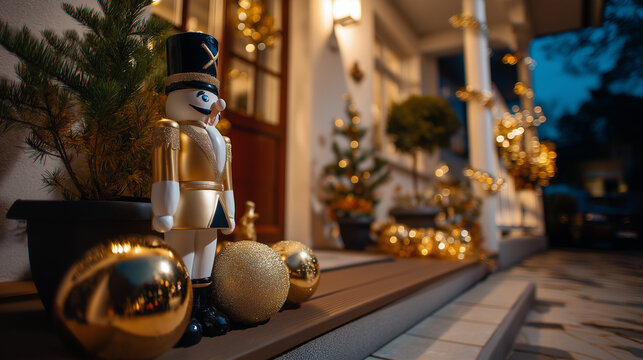 Close-up view of a festively adorned porch at night as a generic holiday figure enters, gentle shadows, warm-toned decorations, welcoming Christmas-season mood, with copy space