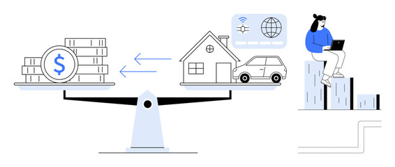 Scales weigh money against assets thumbs up home, car, and global network. Person on bars manages decisions via laptop. Ideal for finance, budgeting, decision-making, investments, trade-off digital