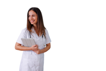 Female doctor smiling, holding digital tablet, representing healthcare technology, medical innovation, and professional patient care