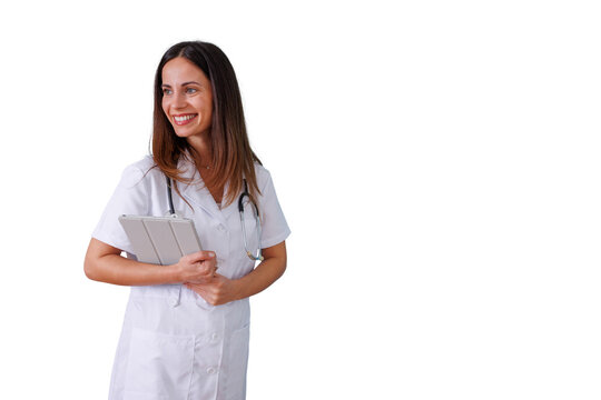 Female doctor smiling, holding digital tablet, representing healthcare technology, medical innovation, and professional patient care