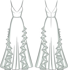 Ruffle-panel evening gown fashion flat, technical garment sketch with flared skirt and cascading side details, elegant apparel sewing pattern illustration