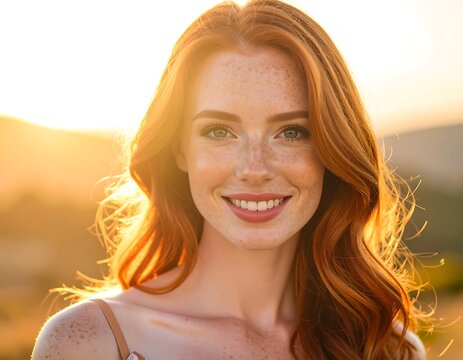 Smiling redhead with freckles in warm sunlight at golden hour.