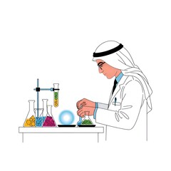 Arab Scientist in Lab Conducting Experiment with Beakers and Test Tubes.