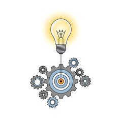Illuminated Light Bulb Connected to Interlocking Gears Representing Innovation and Problem Solving.