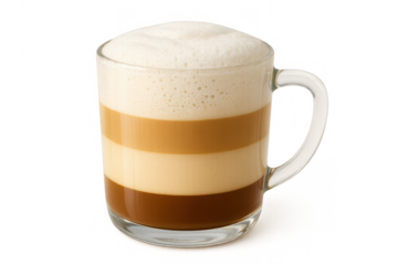 Layered latte macchiato in a glass mug showing espresso, steamed milk, and milk foam. Refreshing coffee drink