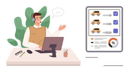 Customer service agent with headset communicating at desk, assisting with car selection on digital screen. Ideal for customer support, e-commerce, car dealerships, technology, remote work, sales